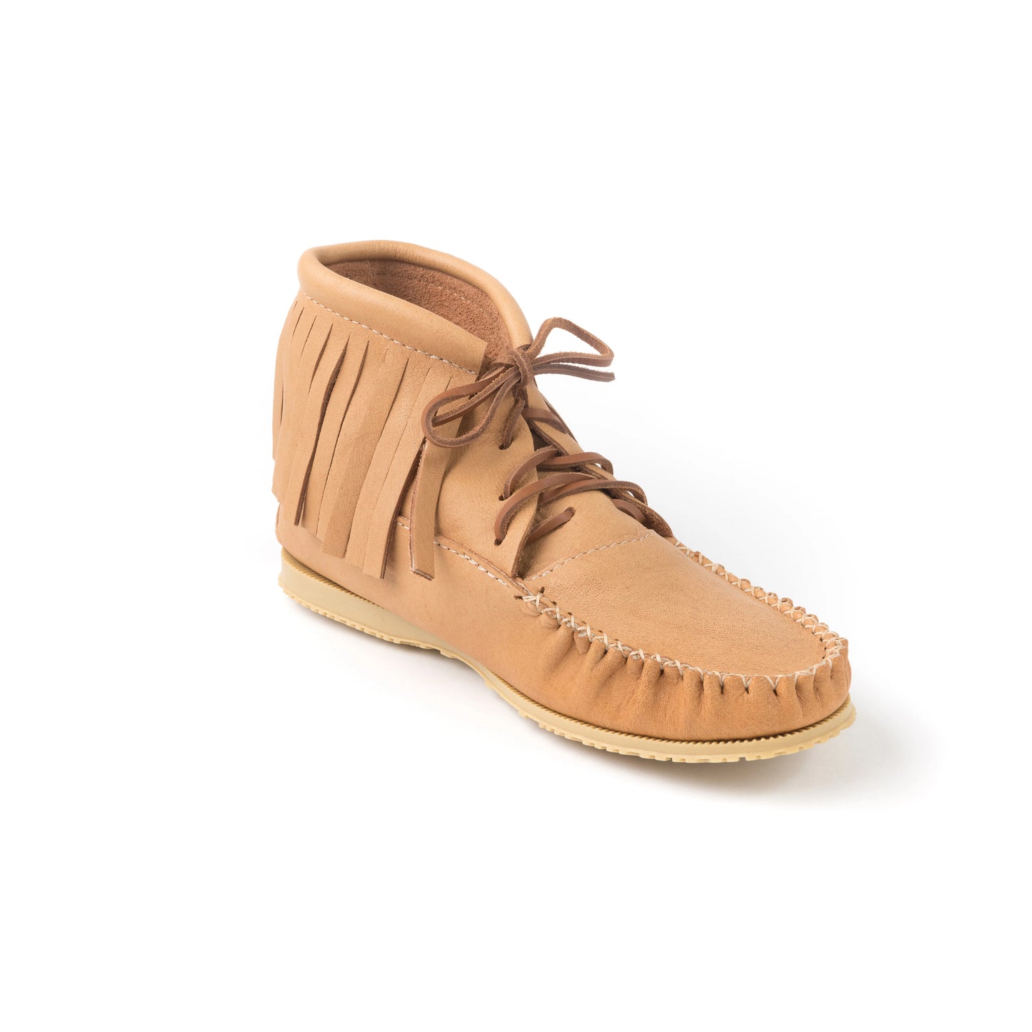Tan moccasin shoe with fringes on a white background