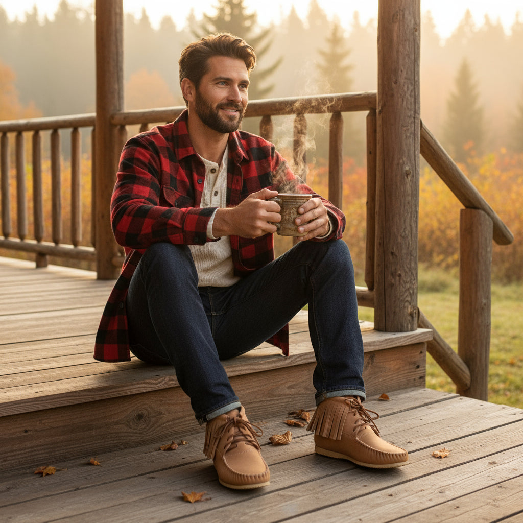 A’enda’ (Bow) Men's Moose Hide Concho Boots – Maple Fringed Leather with Canadian Rubber Sole