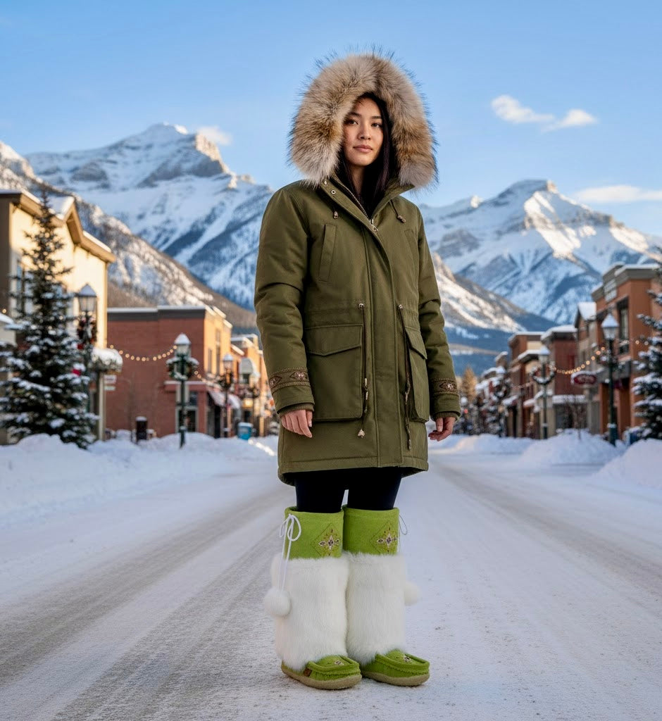 Tecumseh Canada - The Moraine Mukluks - Apple Green Suede & White Rabbit Fur