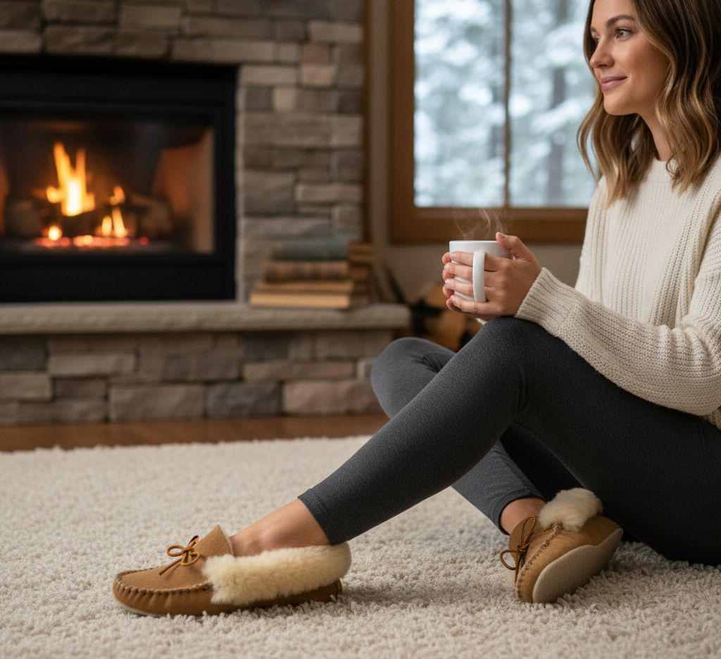 Woman sitting by a fireplace holding a mug, wearing cozy slippers.