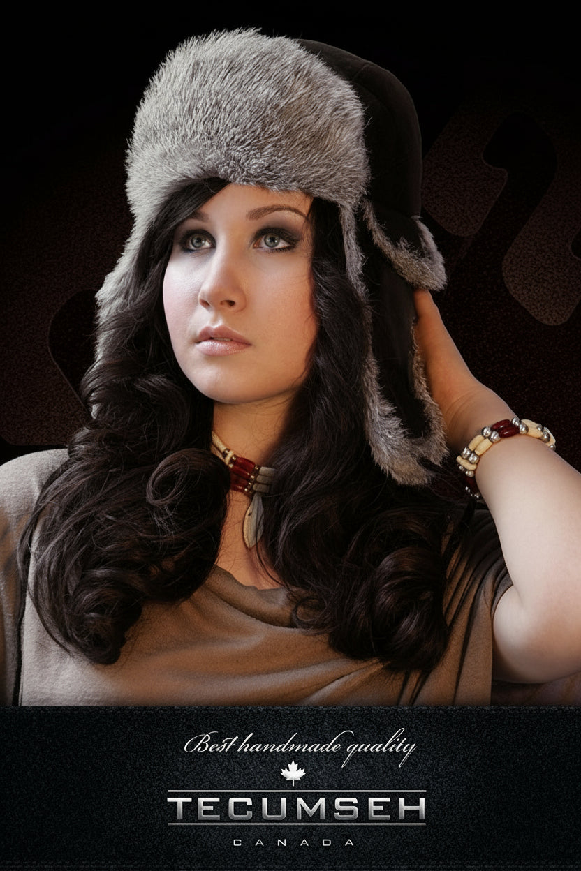 Woman wearing a fur hat with 'Tecumseh' branding on a dark background