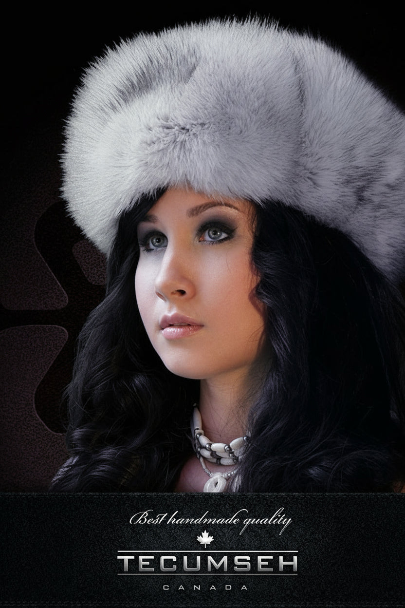 Woman wearing a fur hat with 'Tecumseh Canada' branding on a dark background