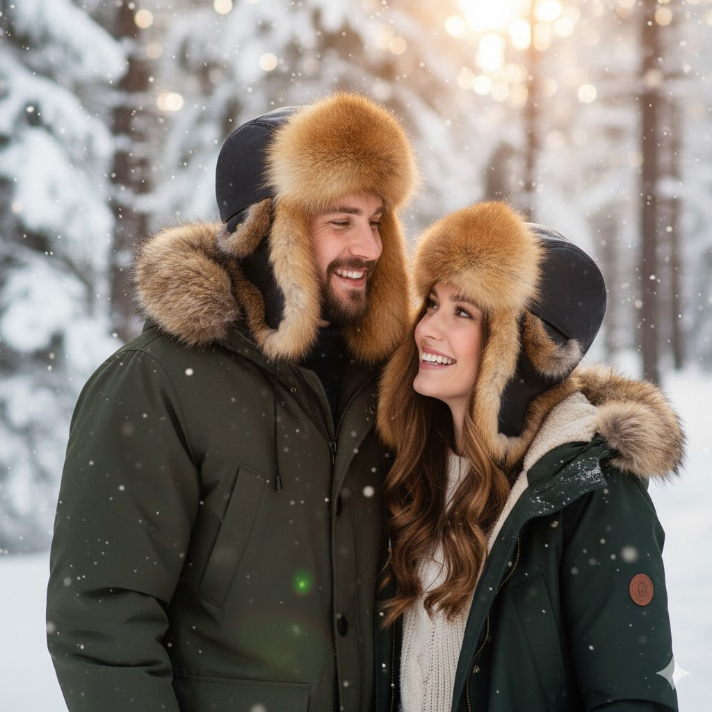 Two people in fur-lined winter coats and hats standing in a snowy forest.