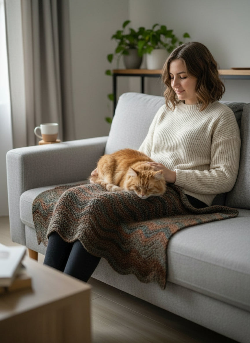 Woman sitting on a couch with an orange cat, surrounded by home decor elements.