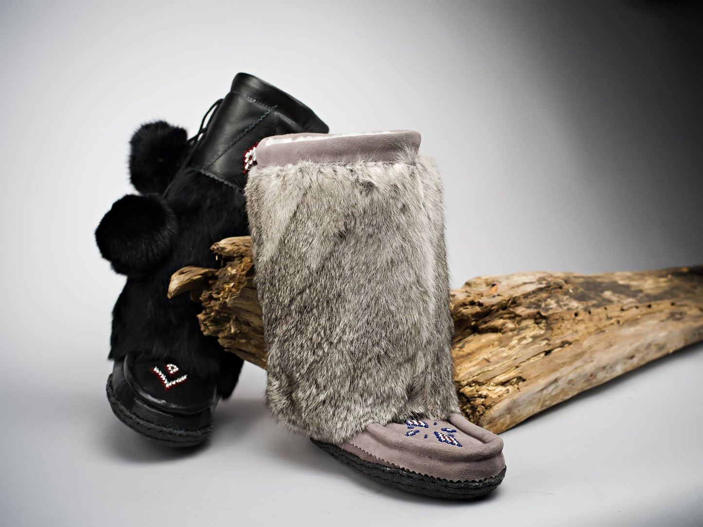 Great Plains Tall Mukluks In Black Leather and Black Rabbit Fur Beaded