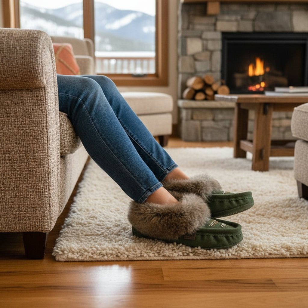 Green slippers with fur trim on a wooden floor