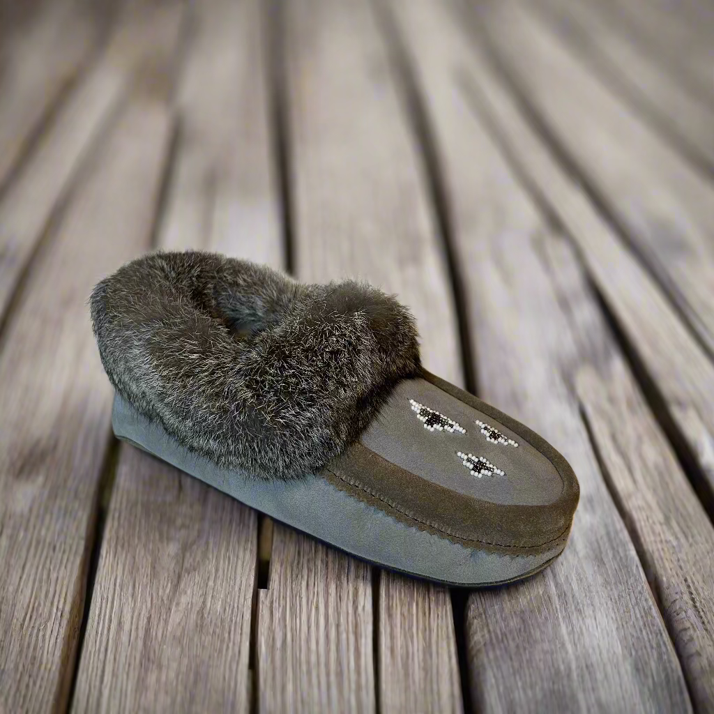 grey sheepskin slippers with rabbit fur