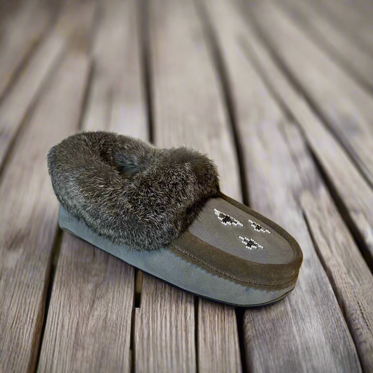 grey sheepskin slippers with rabbit fur