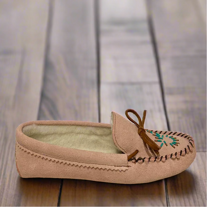 womans spirit moccasins in pink with beading and fleece lining