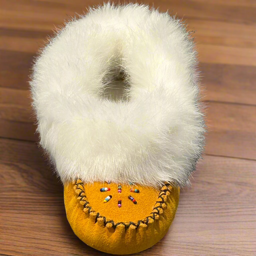 Women's Dark Tan Suede Beaded Moccasins With Rabbit Fur Trim