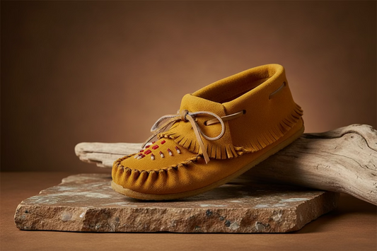 Yellow moccasin shoe on a white surface