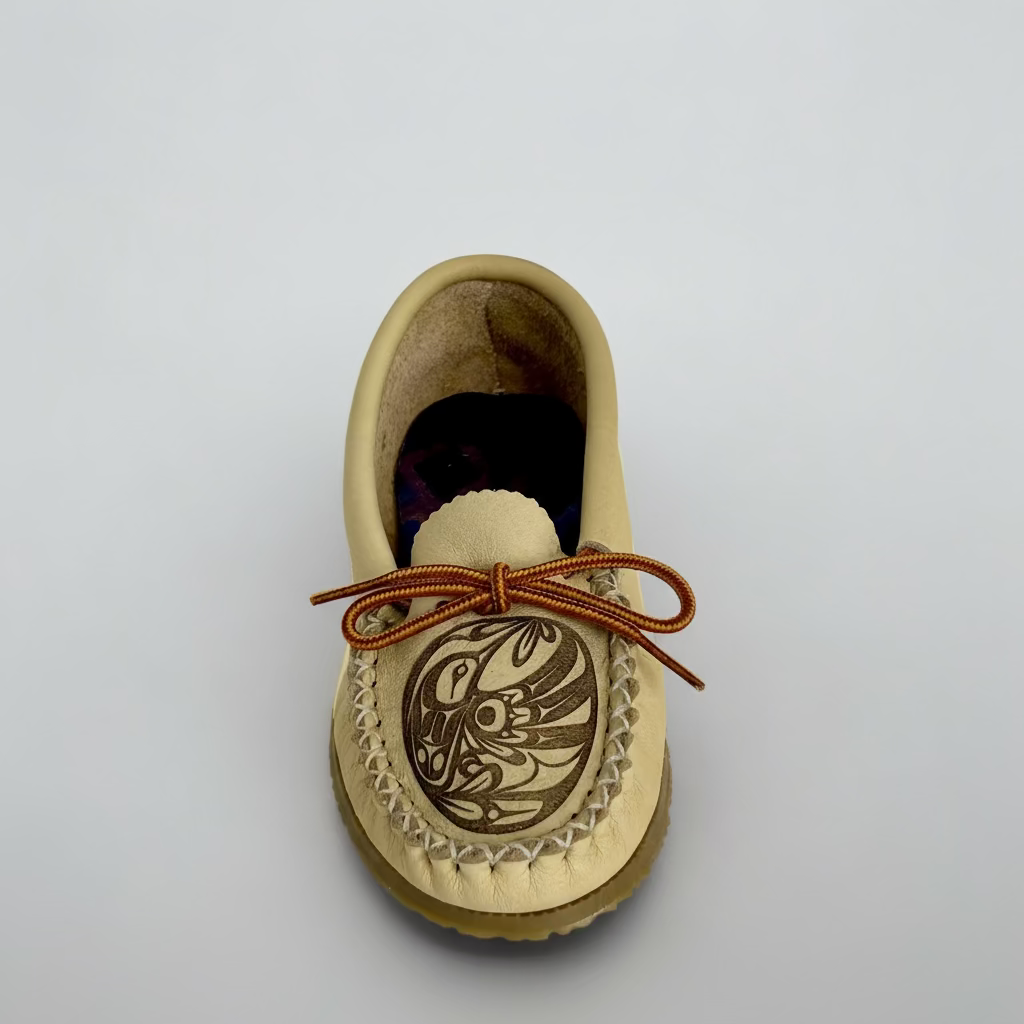 Beige moccasin shoe with brown laces on a light gray background