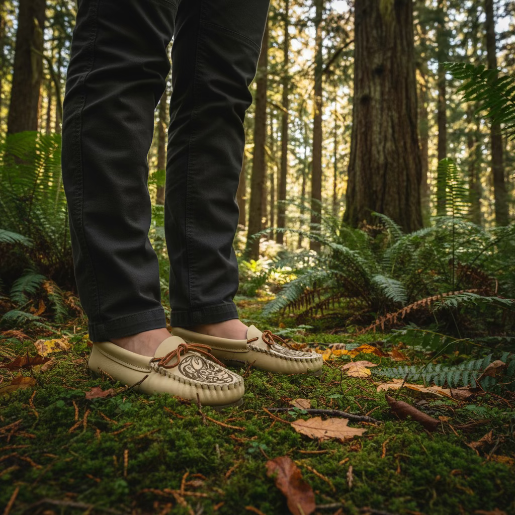 Beige moccasin shoe with brown bow on a white background