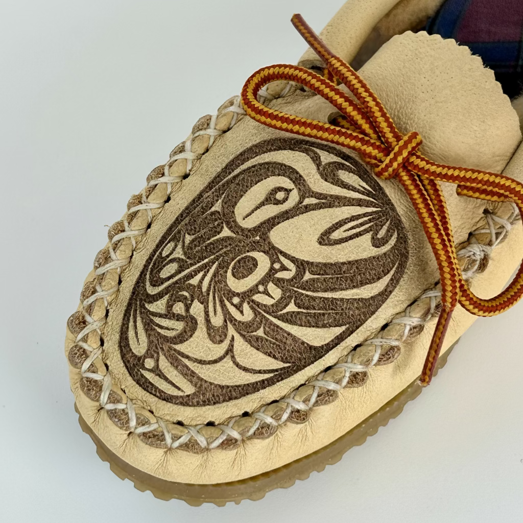 Beige moccasin with a decorative Hummingbird design on a white background
