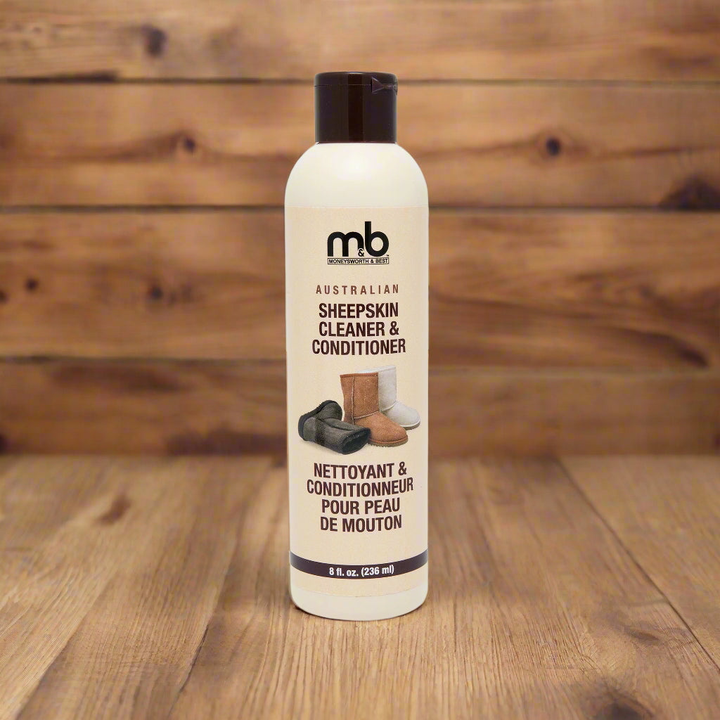 Sheepskin cleaner and conditioner bottle with label on a white background