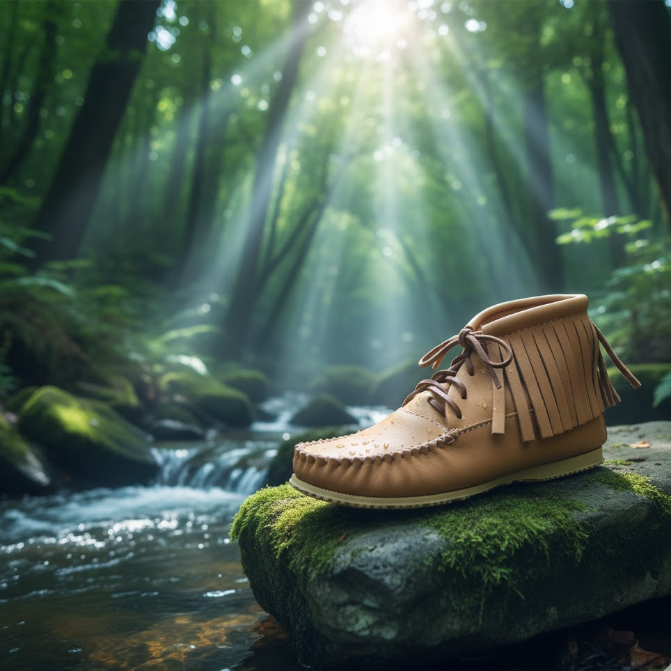 Brown fringed boot on a rock in a forest with sunlight filtering through the trees.