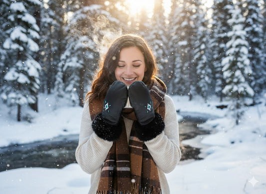 Woman in a snowy forest with a stream, wearing gloves and a scarf.