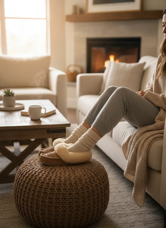 Woman sitting on a couch in a cozy living room with a fireplace.