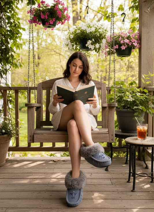 Gray slipper with fluffy fur collar on a light surface