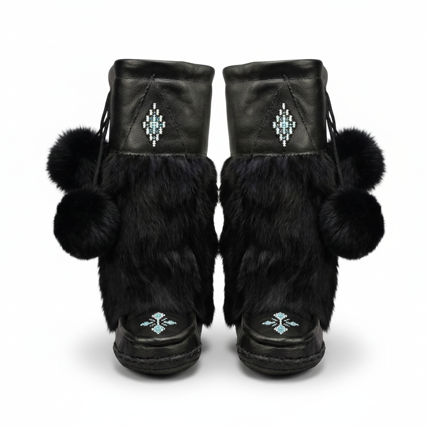 Great Plains Tall Mukluks In Black Leather and Black Rabbit Fur Beaded