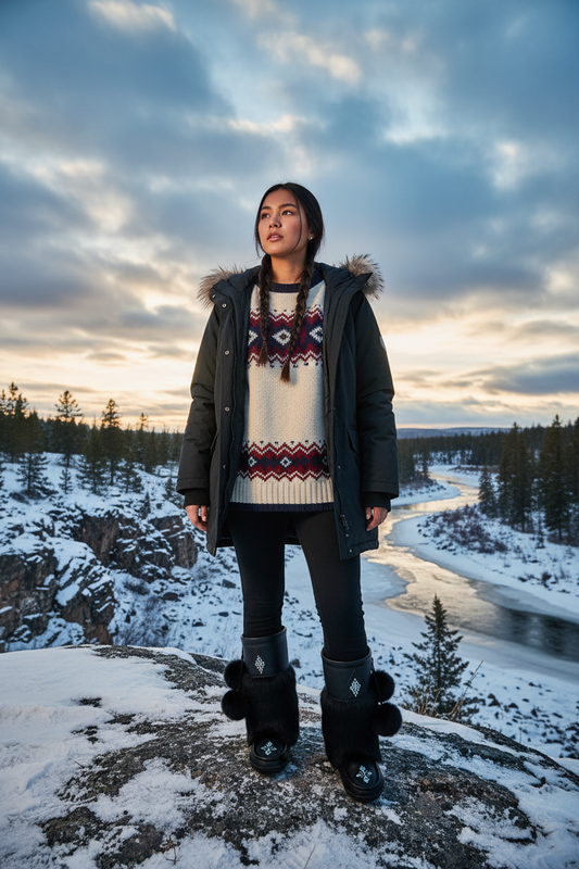 Person standing on a snowy landscape with a river and trees in the background
