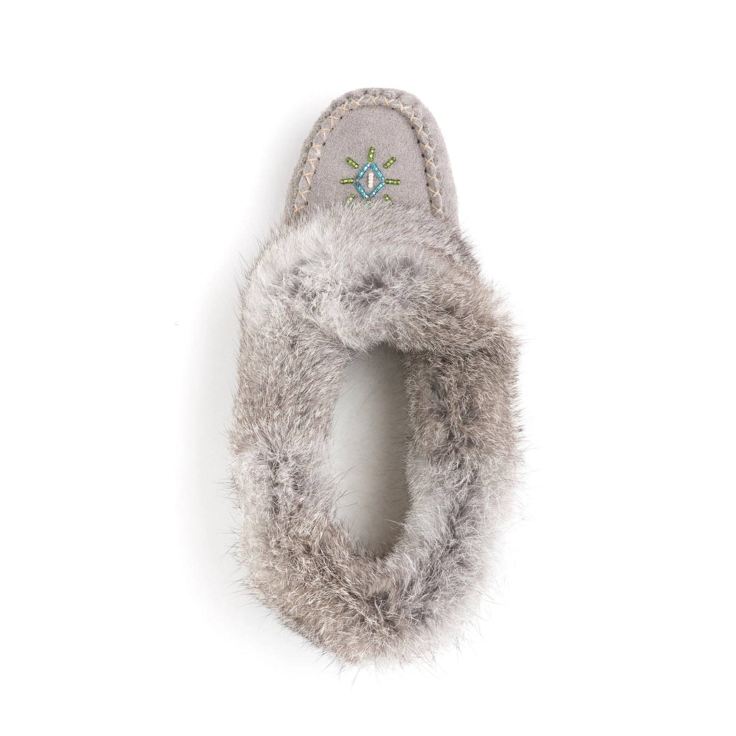 Gray fuzzy slippers with a brand logo on a white background