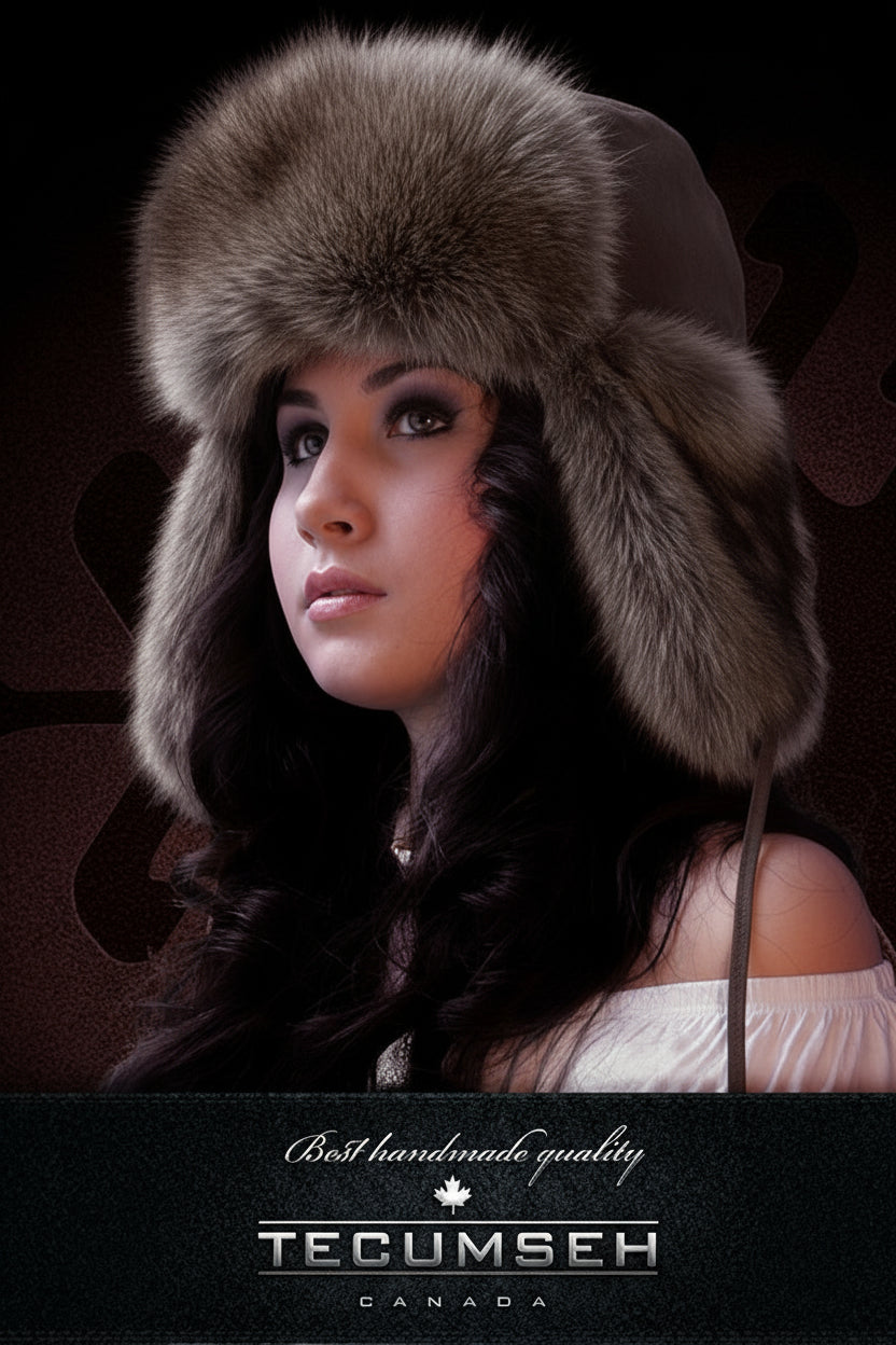 Woman wearing a fur hat with 'Tecumseh Canada' branding on a dark background