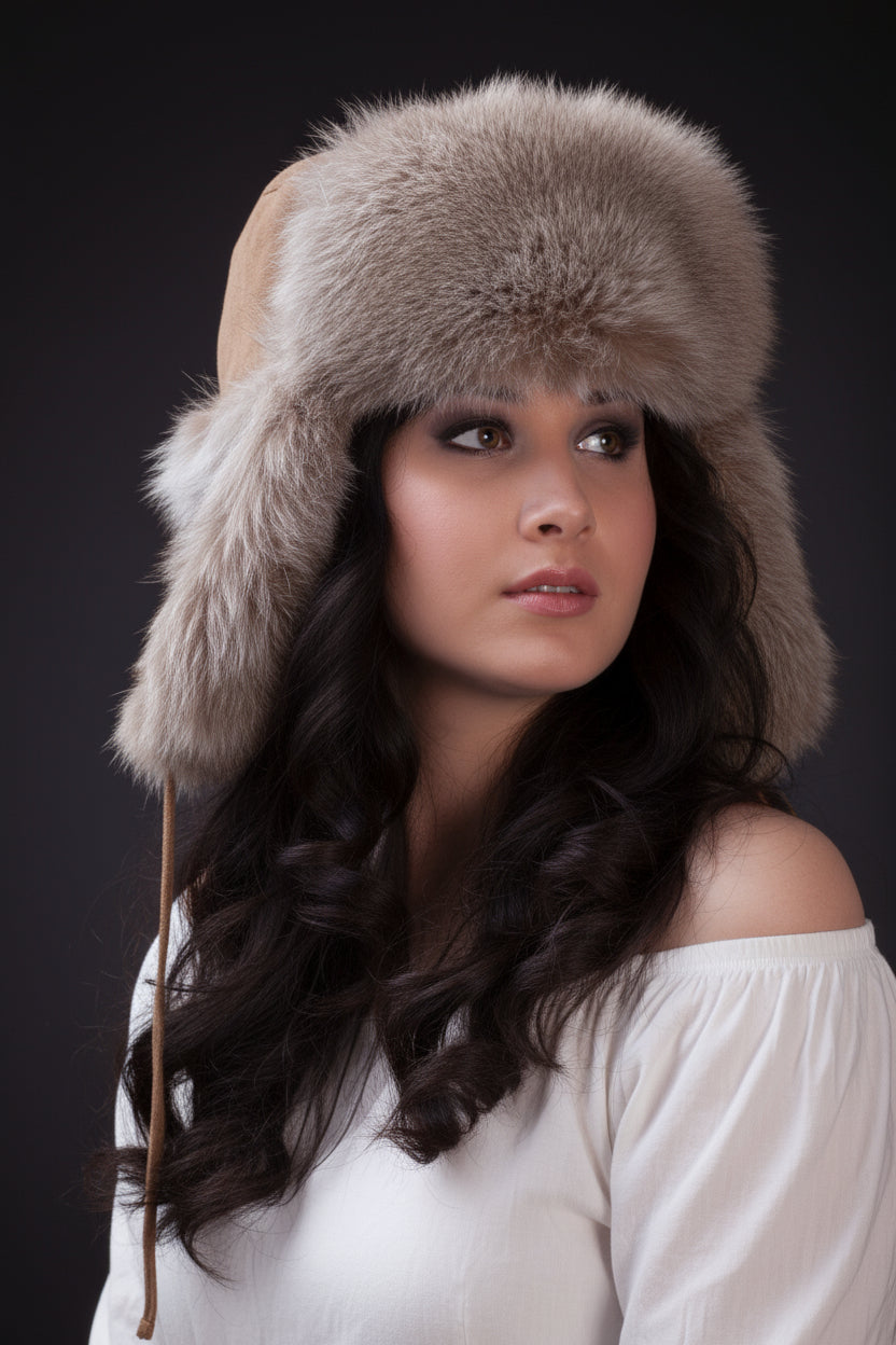Woman wearing a fur hat against a dark background