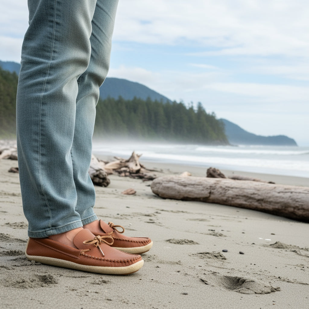Brown leather loafer shoe on long beach Tofino