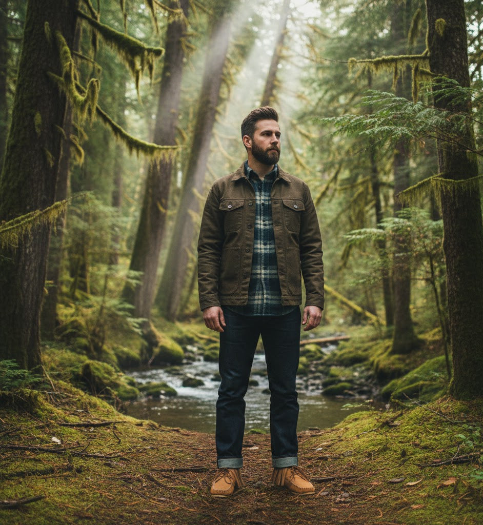 Man standing in a forest with sunlight filtering through the trees wearing fringe mocasins boots
