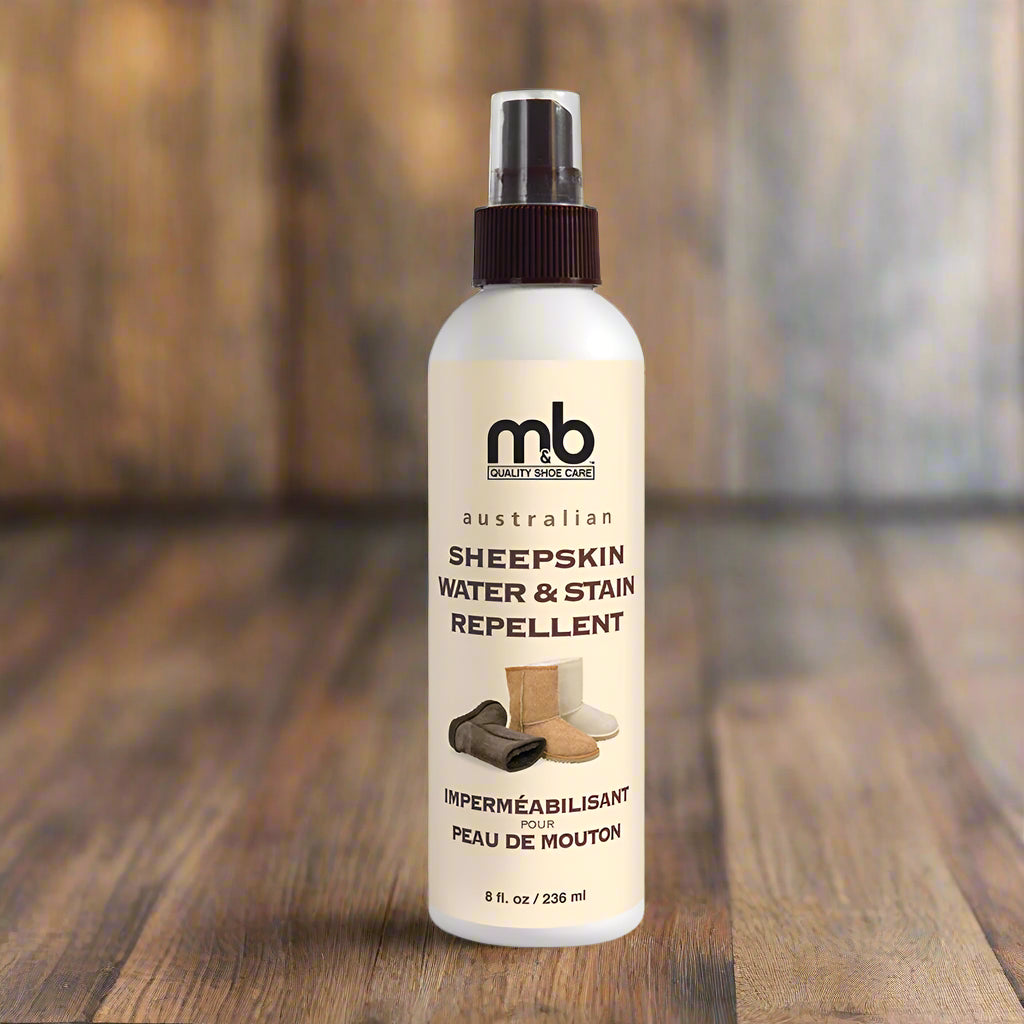 Sheepskin water and stain repellent spray bottle with label on a white background