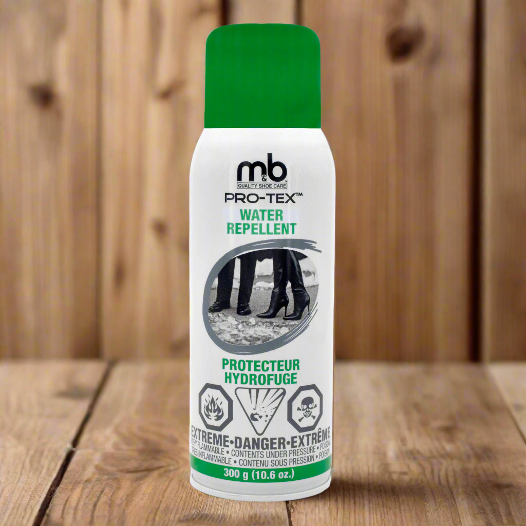 Water repellent spray can with green and white label on a white background