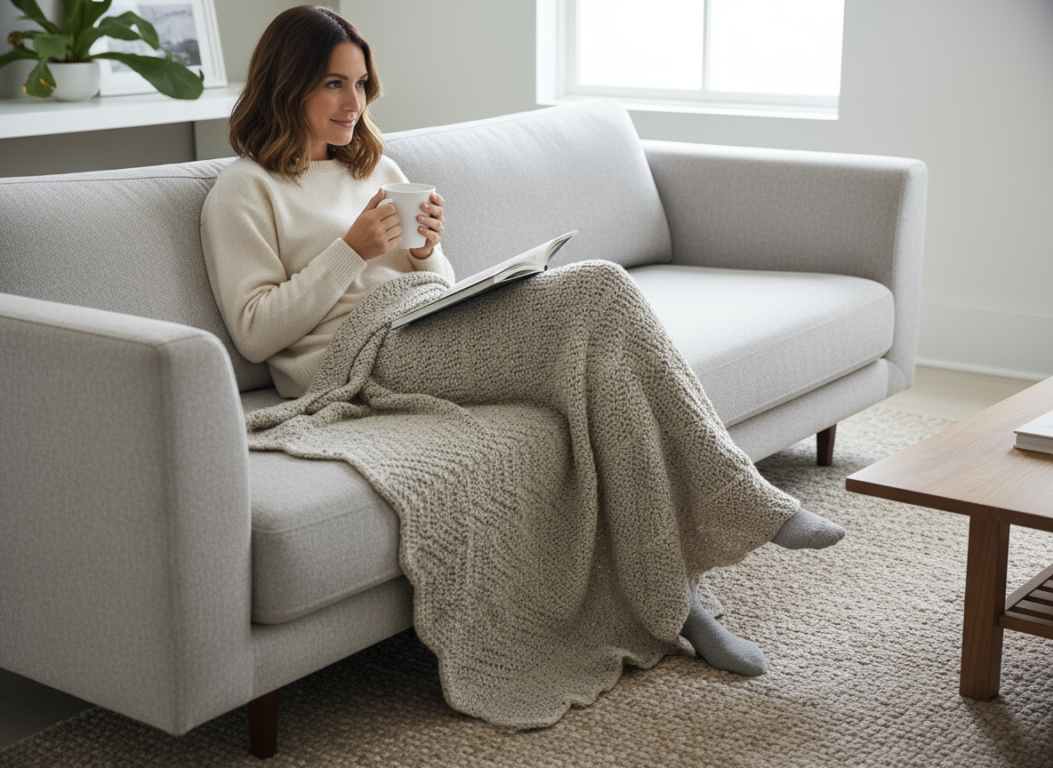 Woman sitting on a couch with a blanket and a book, holding a mug in a cozy living room.