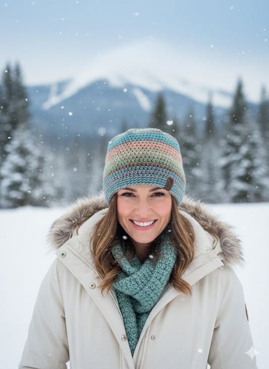 Multicolored striped beanie on a gray background