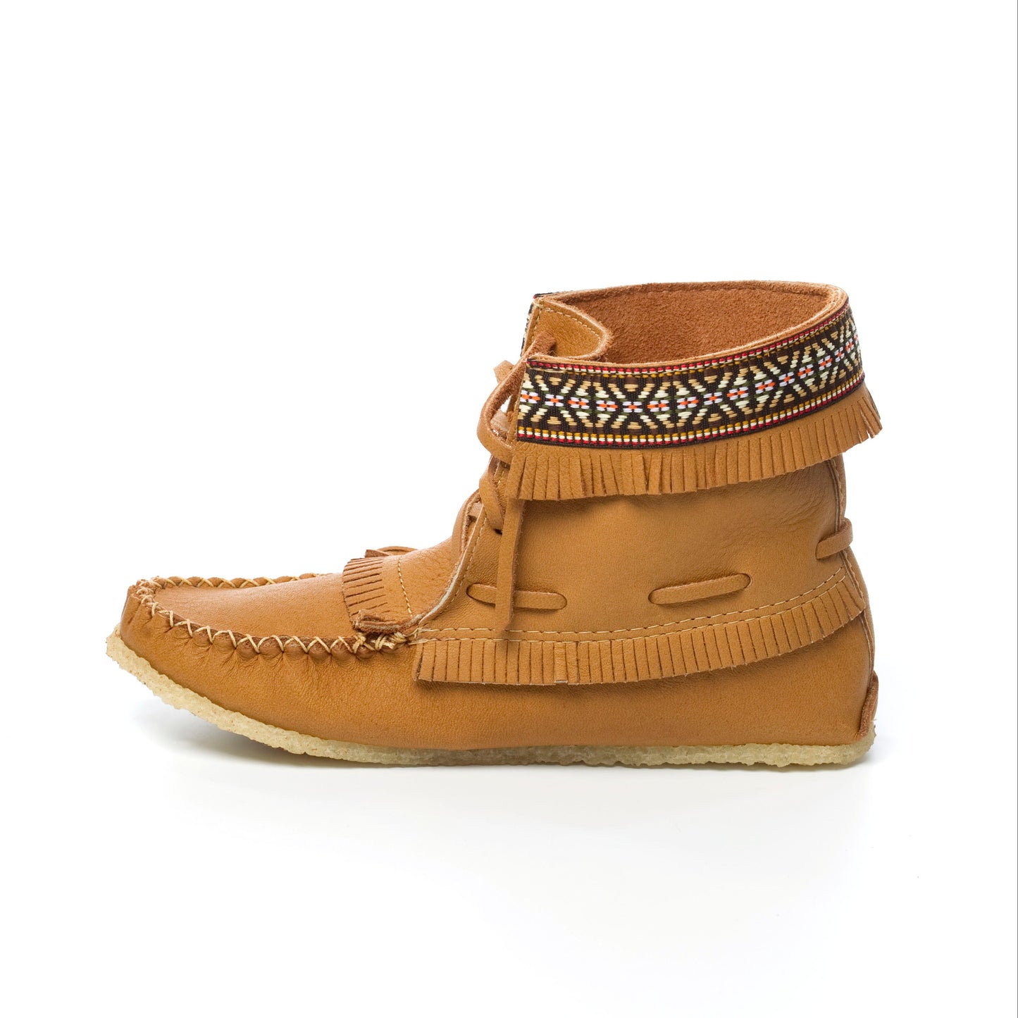 Tan moccasin shoe with decorative band on a white background