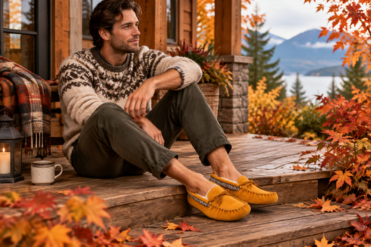 man wearing laurentian chief moccasins