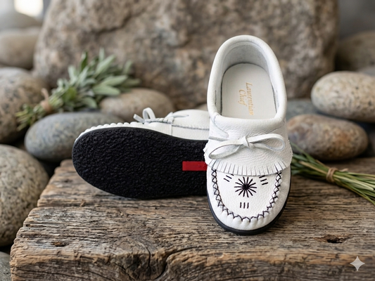 Pair of white and black moccasins on a wooden surface with rocks and plants in the background