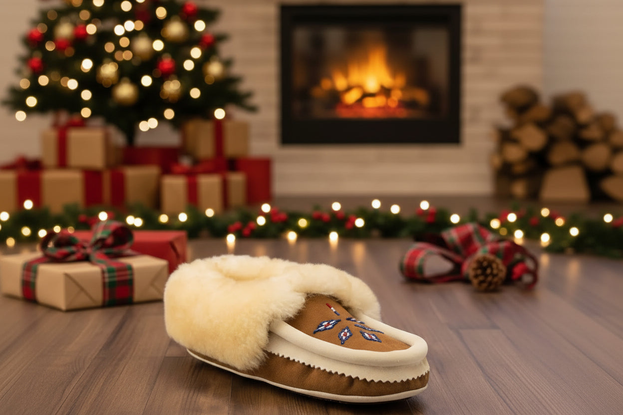 Brown slipper with white fur lining on a wooden floor with Christmas decorations including a tree, presents, and fireplace.