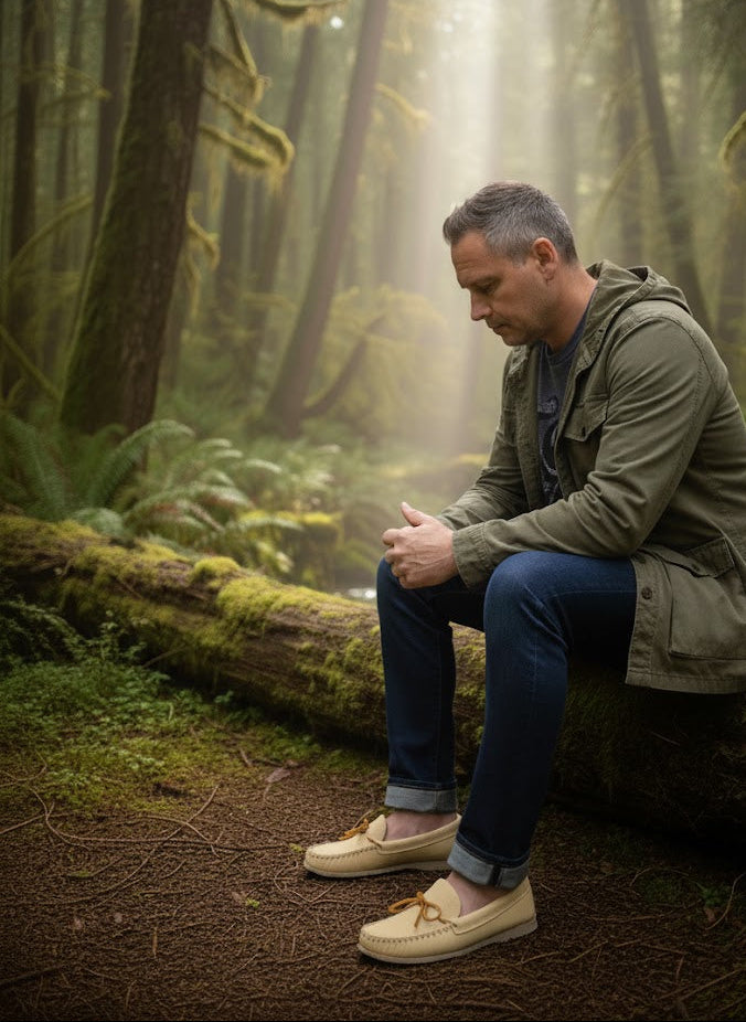 Man sitting on a log in a forest with sunlight filtering through the trees