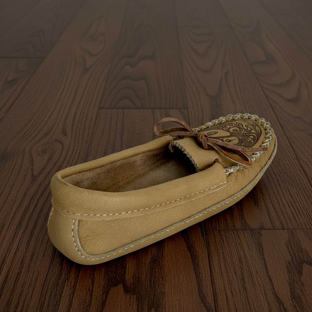 Brown leather shoe with decorative vamp on a wooden surface