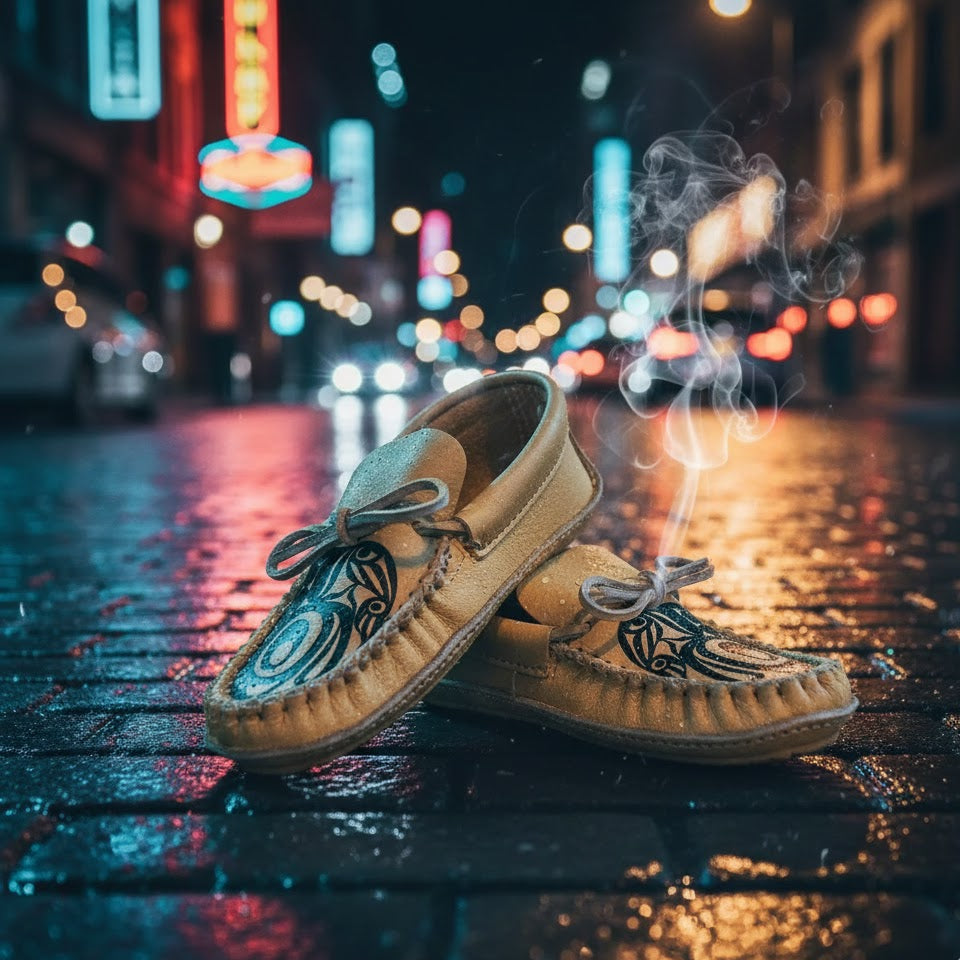 Pair of tan moccasins with decorative elements on a wet street at night with neon lights.