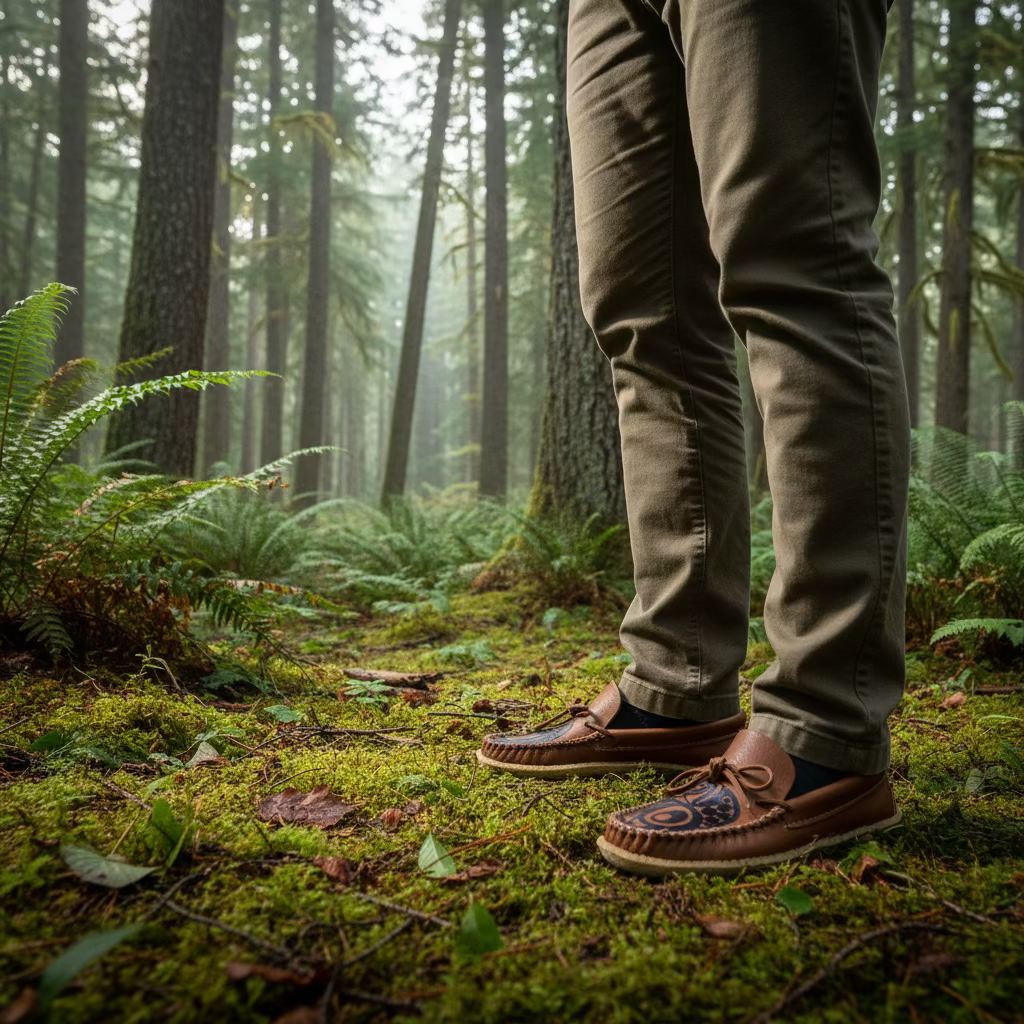 Person wearing brown shoes and green pants standing on a forest floor with trees and foliage in the background.