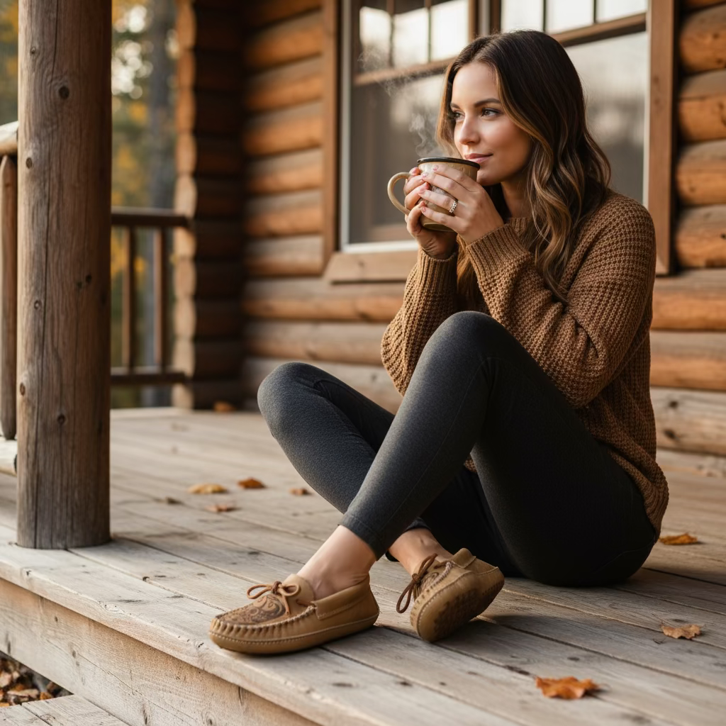 Tan moccasin shoe with decorative vamp on a hardwood floor