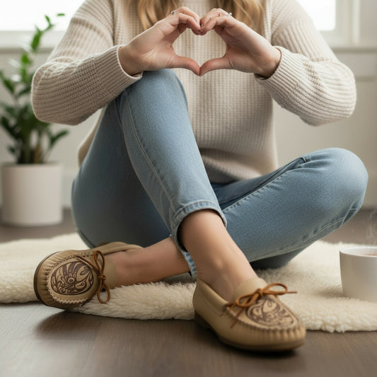 Be kind symbol and woman wearign spirit moccasins