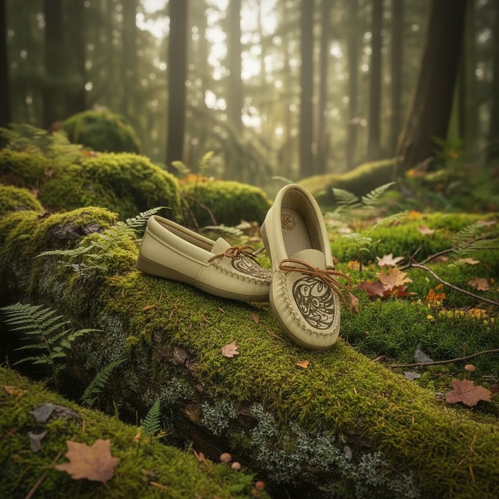 Beige moccasin shoe with brown sole and decorative pattern on a white background