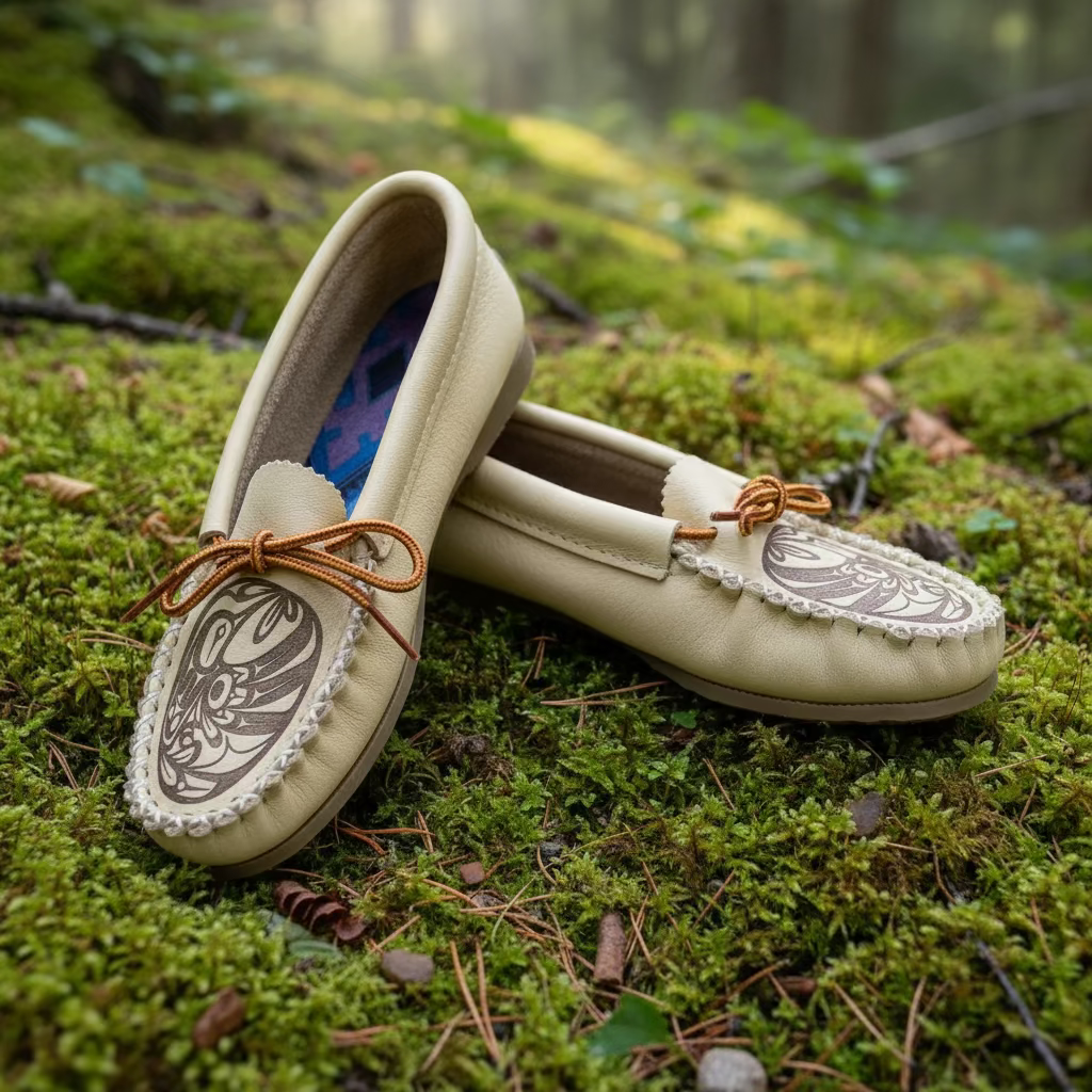 Pair of beige moccasin shoes with decorative patterns on a white background