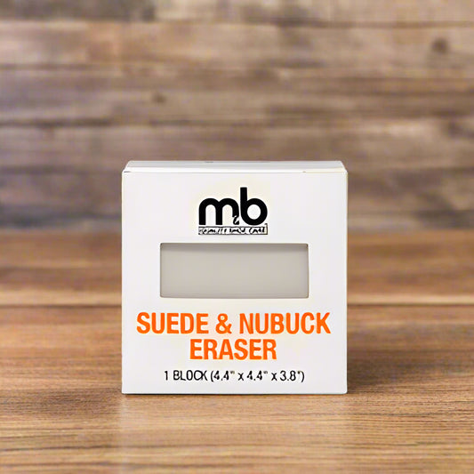 Box of suede and nubuck eraser on a wooden surface