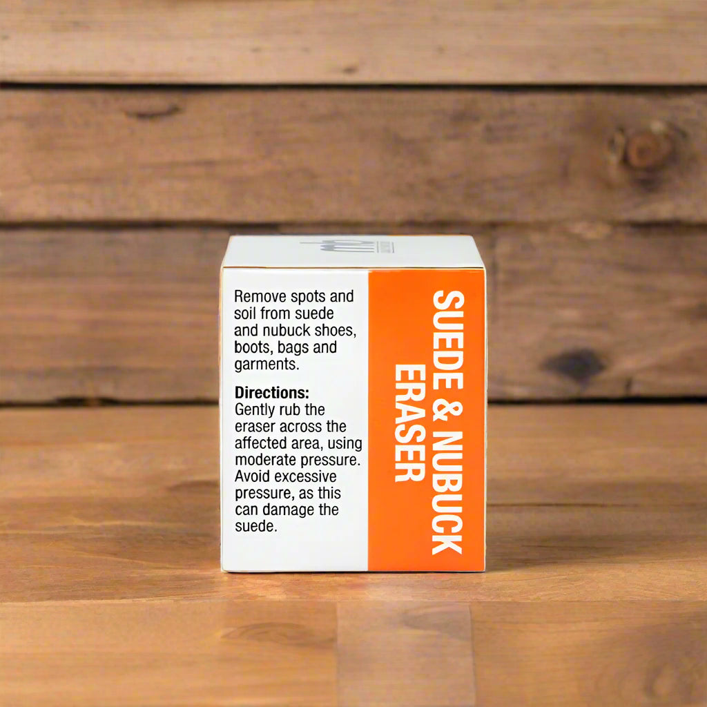 Suede and nubuck eraser packaging with directions on a white background