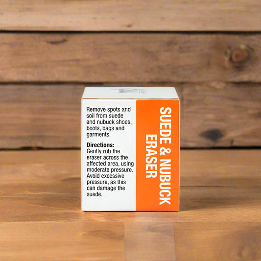 Suede and nubuck eraser packaging with directions on a white background