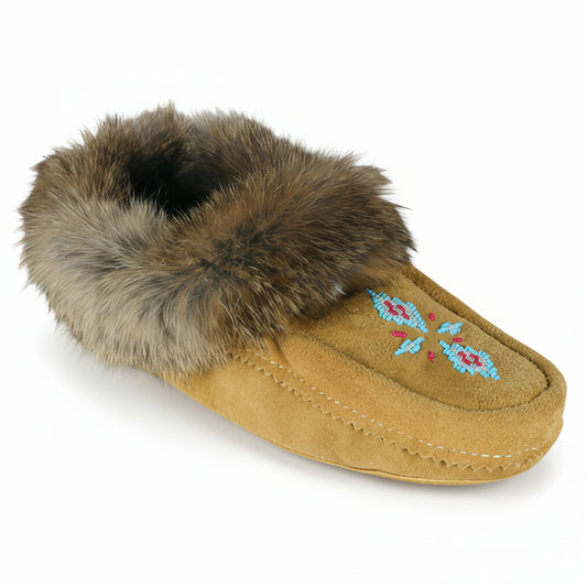 Tan slipper with fur trim and colorful embroidery on a white background